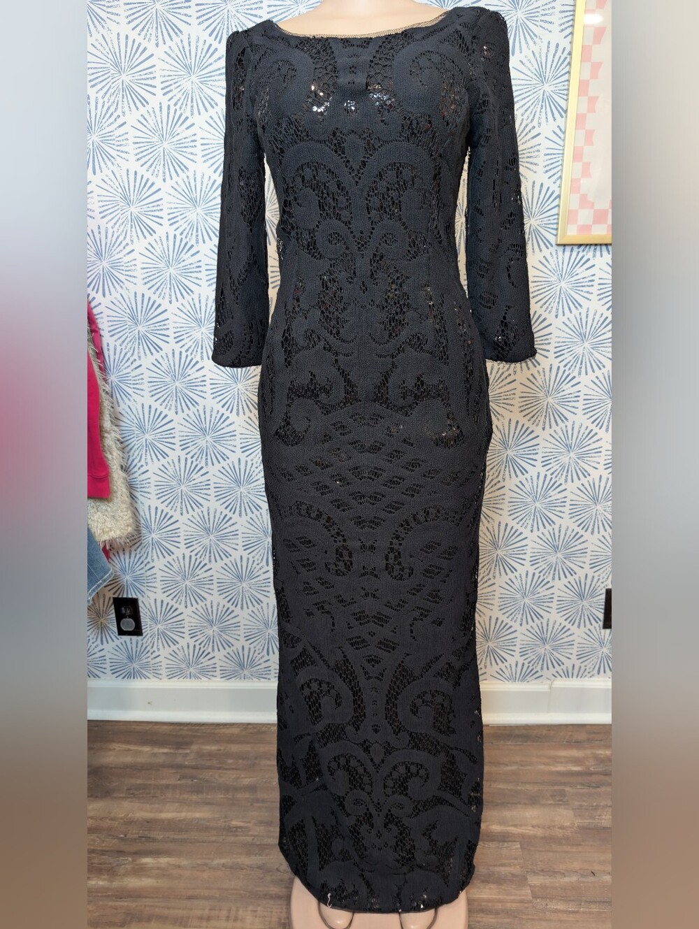 Adrianna Papell Black Lace Overlay Long Sleeve Gown Special Occasion Dress
